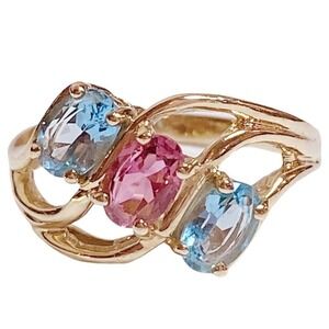 10K 10KT Oval Blue Pink Topaz Women's Yellow Gold Ring Sz 6.5